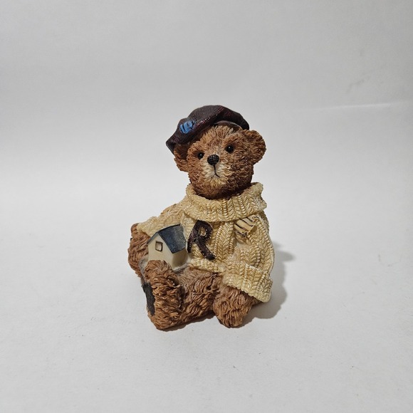 Other - Vintage Resin Teddy Bear Figurine Wearing Sweater and Beret Holding House 1998